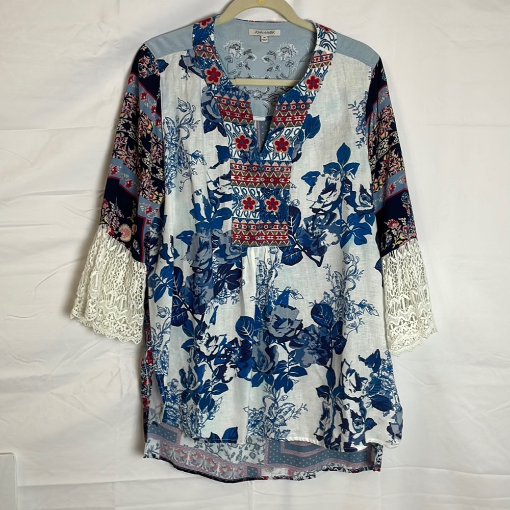 John Mark Mixed Media Embroidered Bell Sleeve Top M